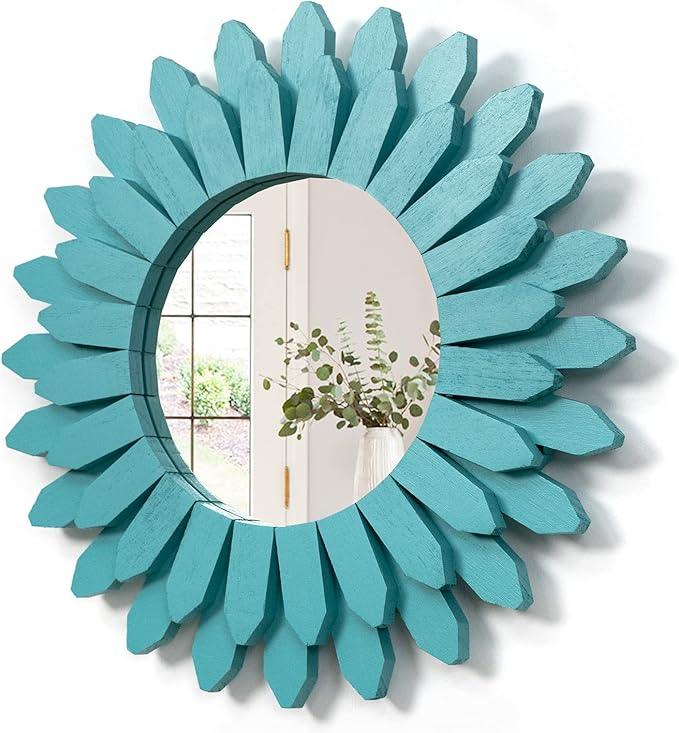 Honiway Beach Wall Decor Mirror 12 inch Wood Coastal Wall Decor Sunburst Boho Home Decor Room Decor for Bedroom Living Room Bathroom Cyan