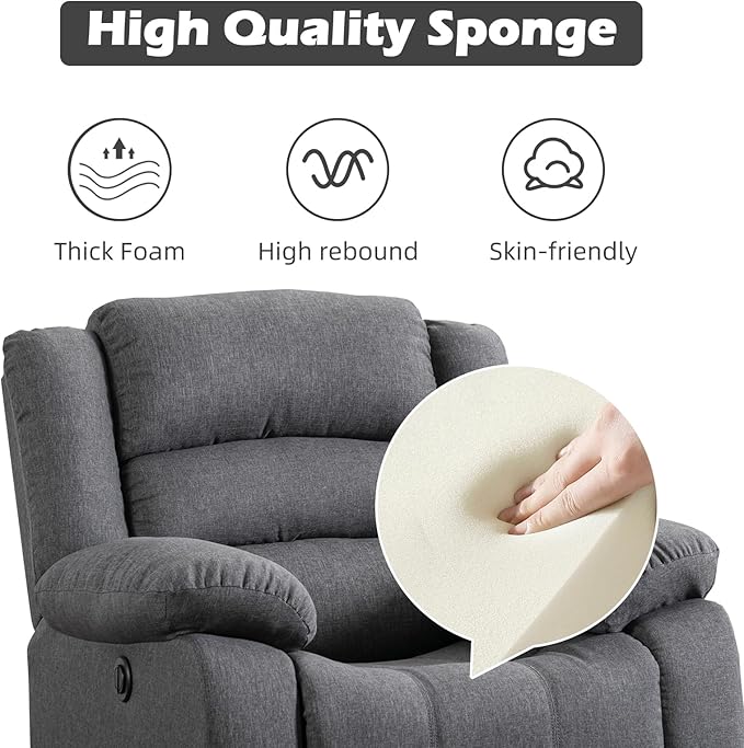 EBELLO Classic Power Recliner Chair, Oversized Electric Reclining Chair with Overstuffed Cushion and Back, Soft Fabric Adults Single Recliner Sofa for Living Room, Grey