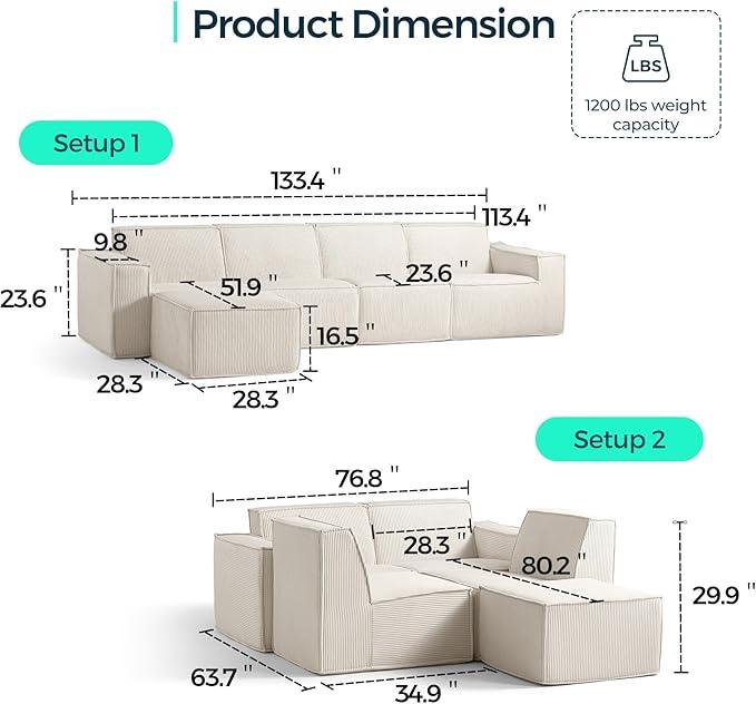 LINSY HOME Modular Sectional Sofa, 134