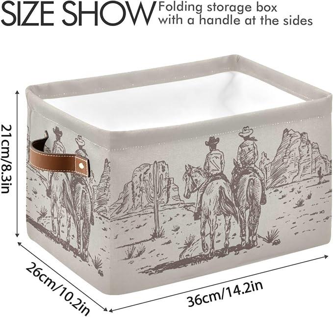 Western Desert Cowboy Storage Basket Cube Storage Bins Organizer Bag Collapsible Closet Shelf Baskets with handle for Baby Cloth Pet Toy Book 14.2×10.2×8.3 IN