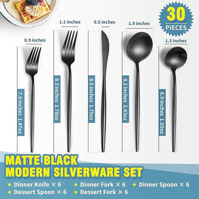 Matte Black Silverware Set for 6,Modern Stainless Steel Brushed Cutlery Set,30-Pieces Heavy Duty Flatware Set,Knives Spoons and Forks Set Utensils Set, Satin Finish, Dishwasher Safe