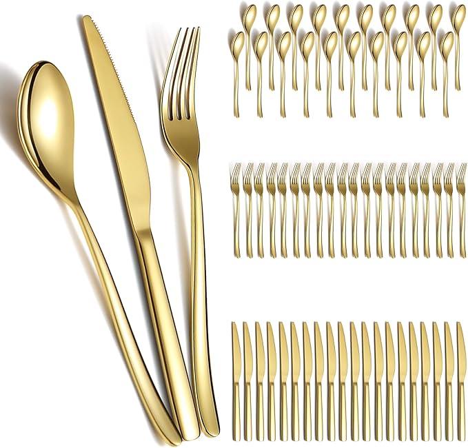 Berglander Gold Wedding Silverware Set 60pcs Service for 20, Titanium Plating Stainless Steel Flatware Set, Gold Spoons Forks Knives Set for Home, Wedding, Restaurant, Dishwasher Safe