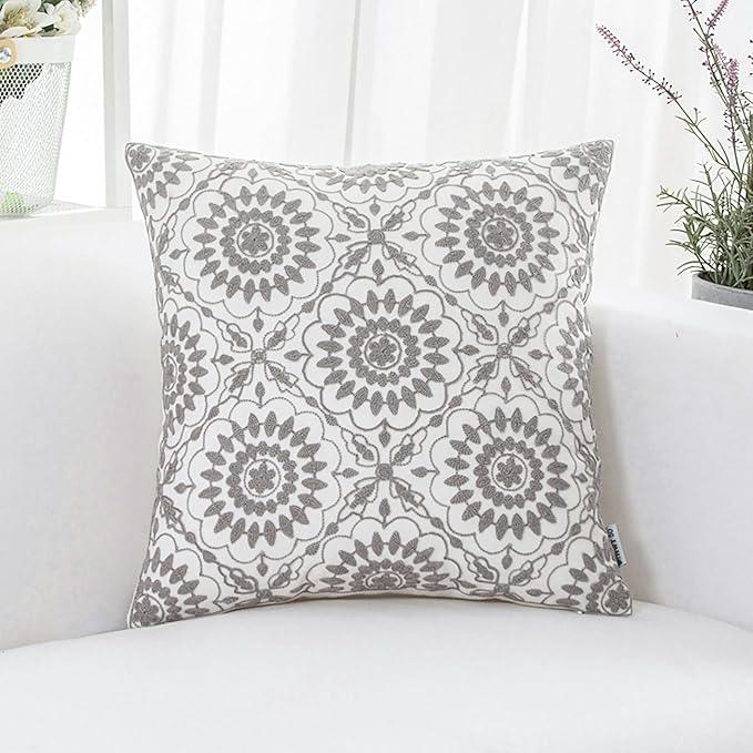 HWY 50 Gray Grey Decorative Throw Pillow Covers 18x18 Inch (1 Piece), Embroidered Cotton Farmhouse Cushion Cover Pillow Case for Sofa Couch Living Room Bed, Little Sunflower