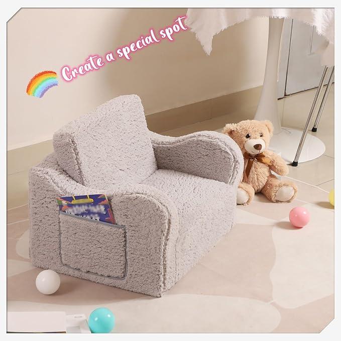 Kids Chairs for Toddler, 2-in-1 Toddler Soft Sherpa Couch Fold Out, Convertible Sofa to Lounger for Girls and Boys, Grey