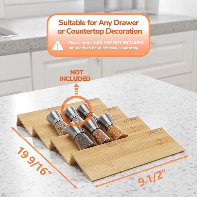 AMBIRD Bamboo Spice Drawer Organizer with Non-slip Mat,4 Tier Jar Spice Rack Tray 9.5'',Seasoning Organizer for Kitchen,Cabinet,Drawers,Countertop