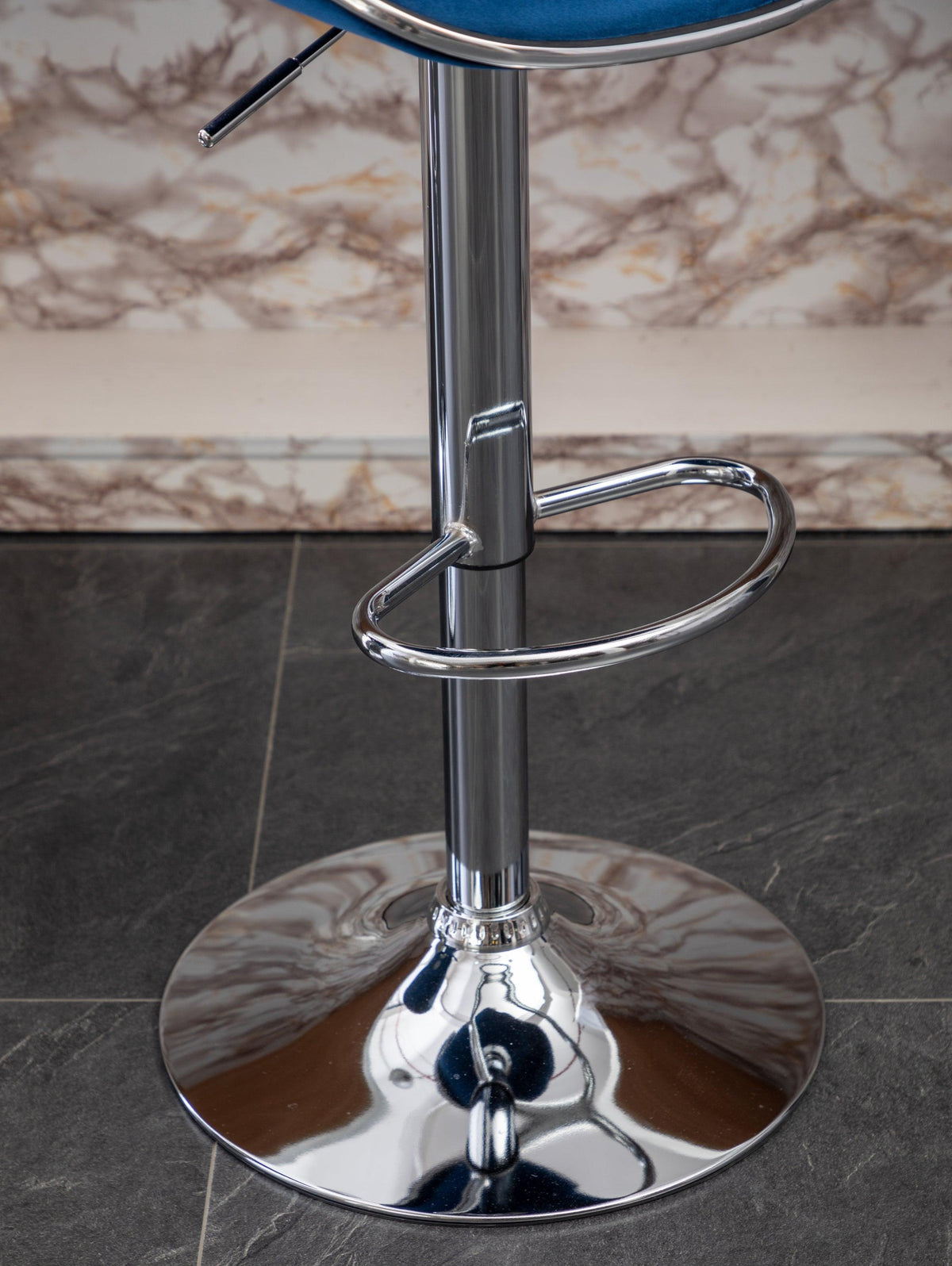 Blue Velvet Adjustable Swivel Bar Stools with Chrome Base & Footrest – Set of 2