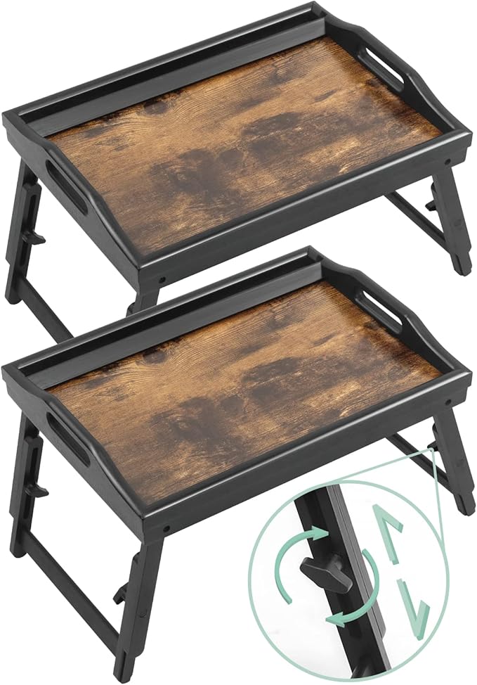 2 Pack Bed Tray Table Breakfast Trays Serving Tray Adjustable Height for Eating Bamboo Bed Laptap Floding Legs with Handles and Phone Holders