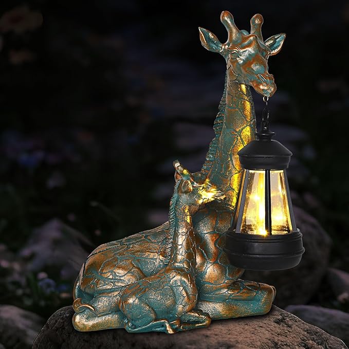 Solar Garden Decor - Mother Baby Giraffe Statue with Solar Lantern 9.7