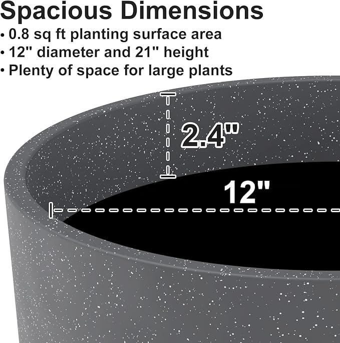 GameXcel Tall Flower Pot Indoor - Outdoor Plant Pot - Black Glossy Planter - Elegant Stone Imitation - 12
