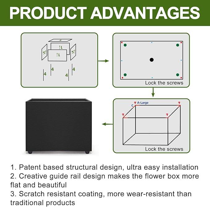 Planter Box Rectangular Block - 16×12×12IN Galvanized Steel Metal Long Box Planter Easy Installation Modern Outdoor Tall Planters All-Weather Use with Drainage Holes for Patio/Porch(Black)