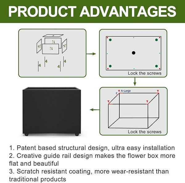 Planter Box Rectangular Block - 16×12×12IN Galvanized Steel Metal Long Box Planter Easy Installation Modern Outdoor Tall Planters All-Weather Use with Drainage Holes for Patio/Porch(Black)