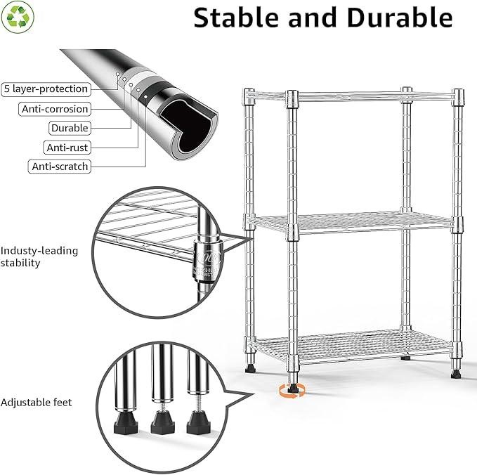 450 lbs Wire Storage Shelving 3-Tier Utility Shelving Unit Steel Organizer Wire Rack for Home,Kitchen,Office,Chrome(11.8