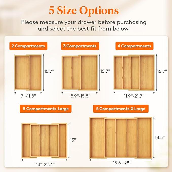 Lifewit Utensil Organizer for Kitchen Drawer, Bamboo Cooking Utensil Tray, Expandable Cutlery Silverware Flatware Holder, Adjustable Spatula Tools Gadgets Storage Divider, Large, Natural and Black