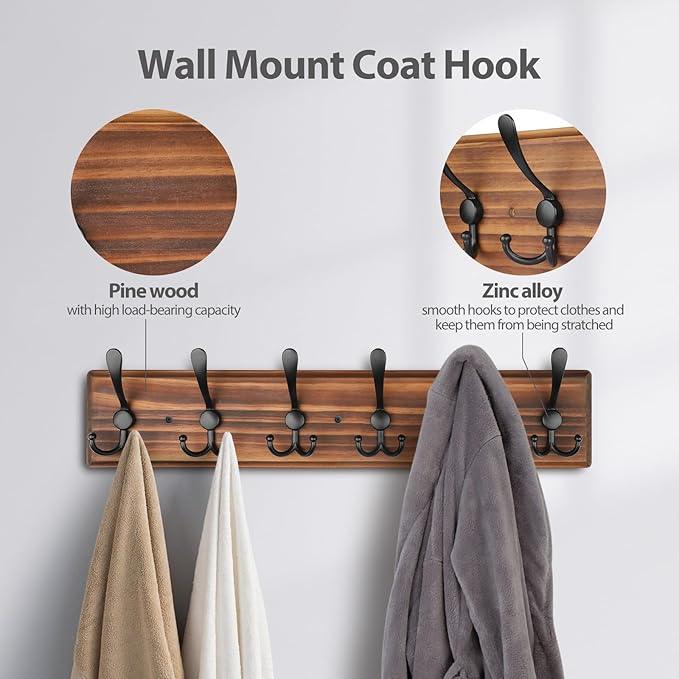 Coat Rack Wall Mount, Wooden Heavy Duty Coat Rack for Wall,6 Triple Coat Hanger Hooks for Hanging Coats,Jacket,Hat,Clothes (Brown, 6 Hooks)