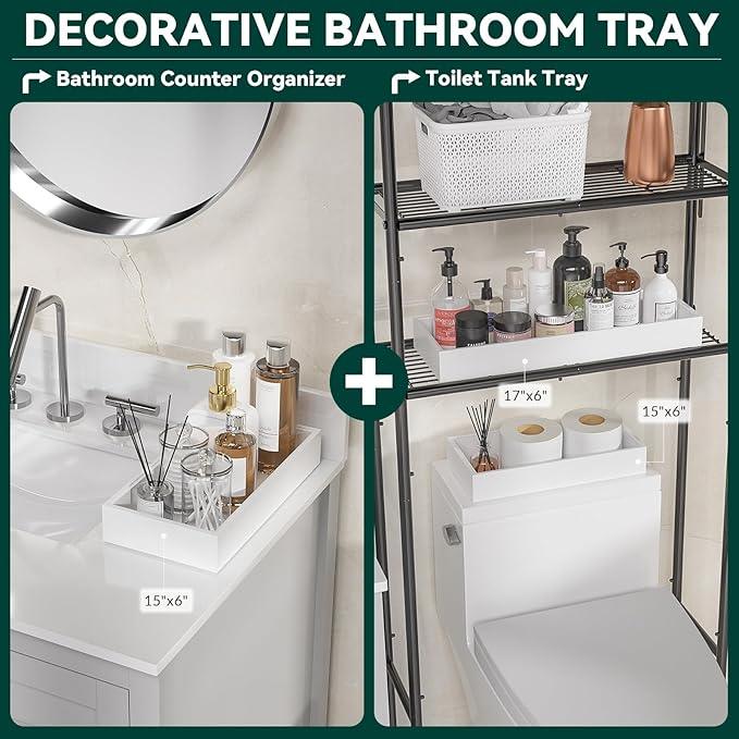 Bamboo Drawer Organizer, Extra Large Silverware Organizer for Kitchen Drawer, Stackable Utensil Organizer, 2 Pcs Toilet Tank Topper Tray, Wooden Toilet Paper Basket (White, 17 X 6 X 2 Inch)
