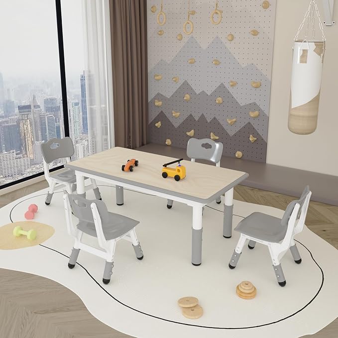 Kids Study Table and 4 Chairs Set,Height Adjustable Table and Chairs for Children and Toddlers,47.2