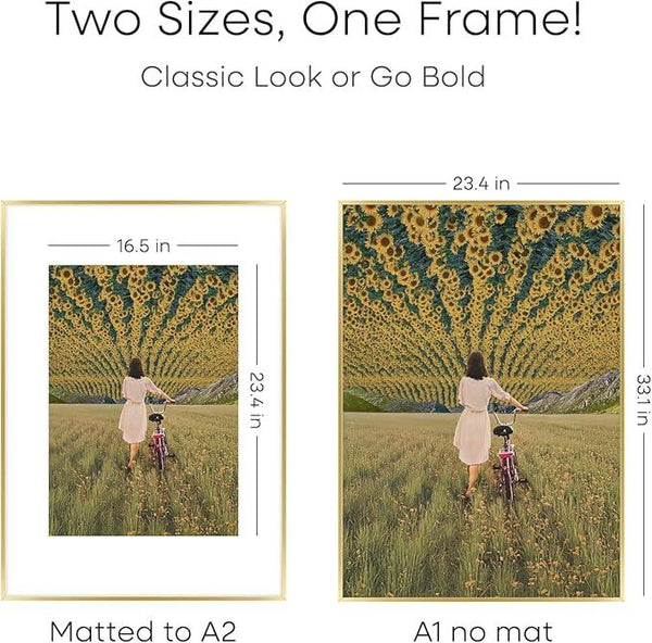 Homeforia A1 Poster Frame Gold, High End Metal 23.4 x 33.1 inches Large Picture Frames with Mat 16.5 x 23.4 for Photo, A1 Size Frames Matted to A2 Print, 23.4x33.1 Thin Frame, Tempered Glass, Set of 1