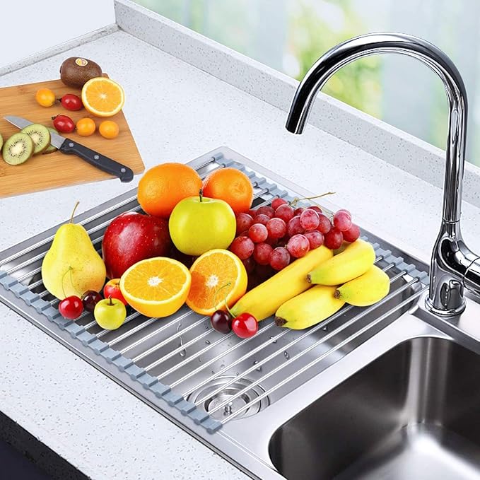 Searik Over The Sink Dish Drying Rack, Roll up Sink Dish Drainer Rack Foldable Kitchen Stainless Steel Dish Rack Sink Drying Rack (17.7