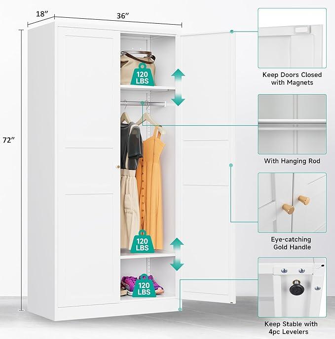 Metal Wardrobe Cabinet with Hanging Rod,White Armoire Wardrobe Closet,Metal Clothing Storage Cabinet with Adjustable Shelves and Doors,72