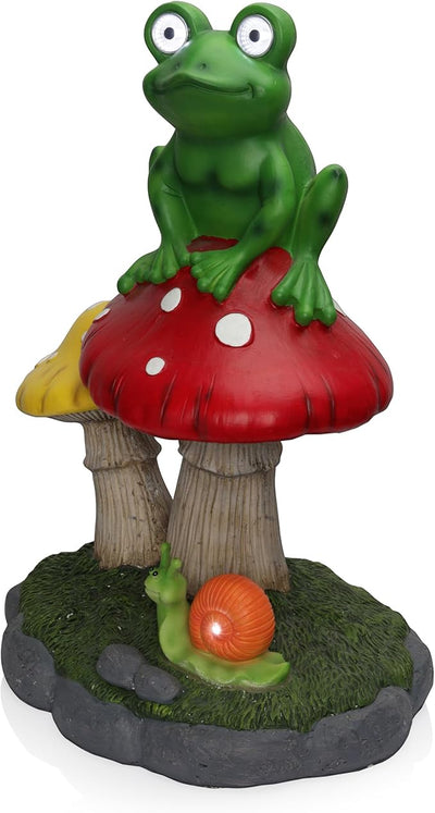 Alpine Corporation ZEN390SLR-L Frog on Mushroom Statue with LED Lights, Solar-Powered LED Frog Garden Statue, 24