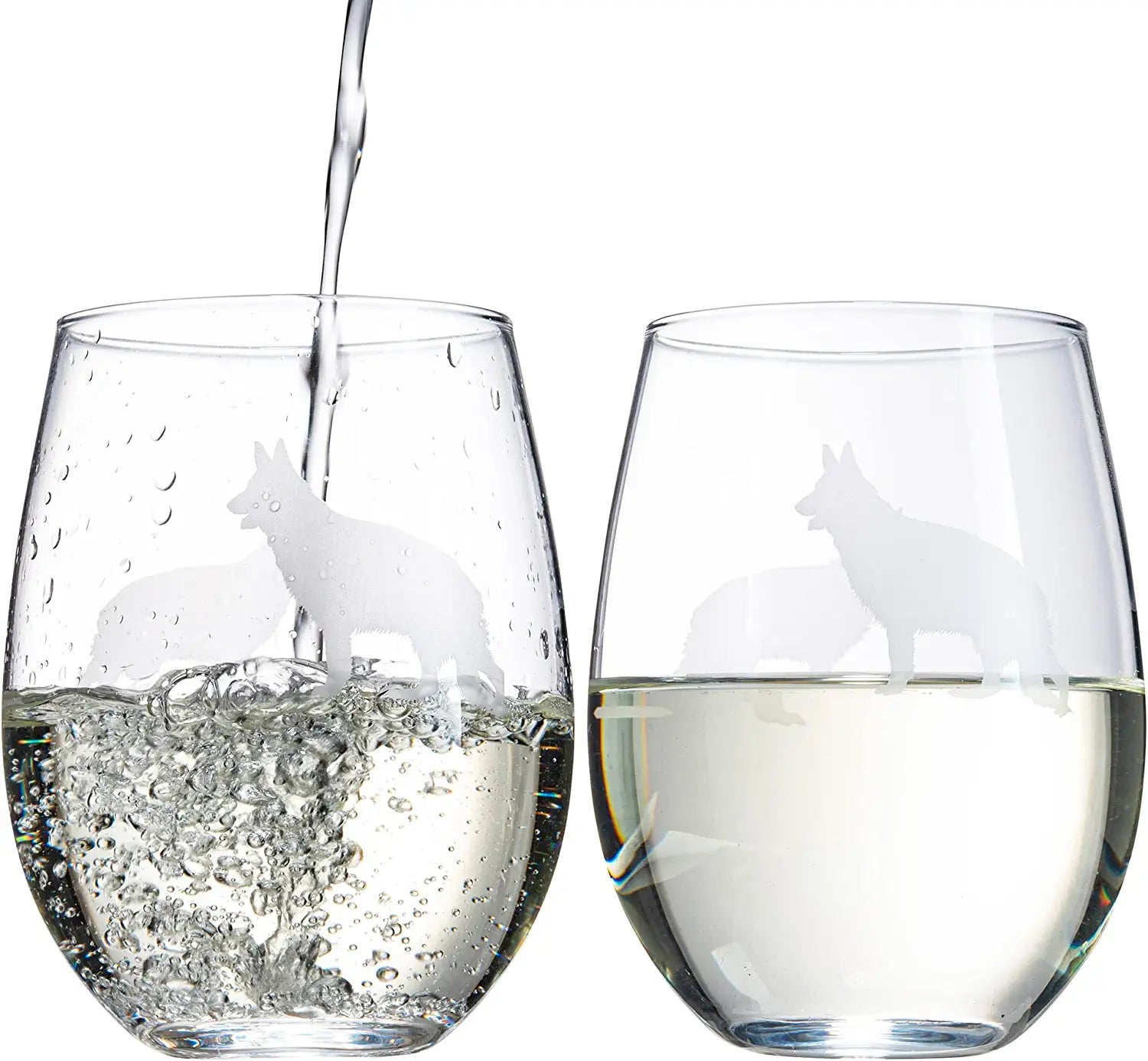 Set of 2 Dog Stemless German Shepherd Wine Glasses by The Wine Savant - Puppy & Doggy Lover for Him and Her Dogs Silhouette - Glass Gifts Etched Tumblers for Anniversary, Wedding, Home Bar Gifts