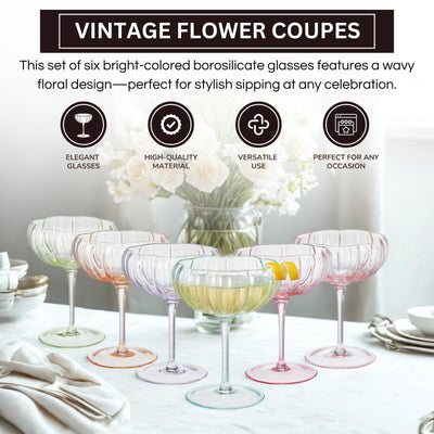Flower Coupe Cocktail Glasses | Set of 6 | Bright Colors