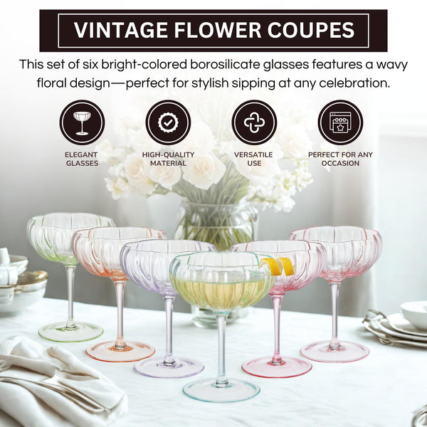 Flower Coupe Cocktail Glasses | Set of 6 | Bright Colors