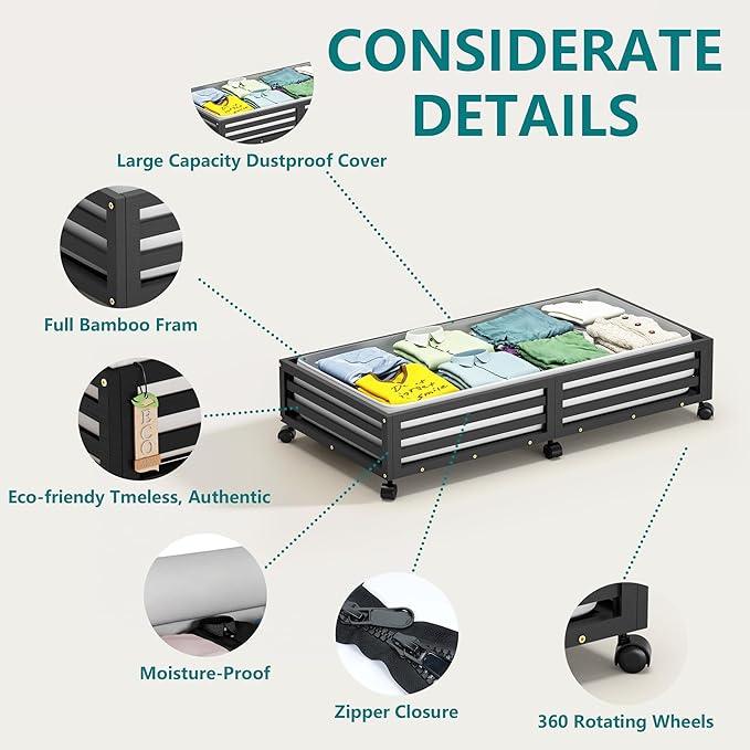 Bamboo Under Bed Storage Containers- Underbed Organizer with Wheels with Large Dust Bag,Sturdy Wood Rolling Under the Bed Shoe Storage Organizer Drawer 2 Packs (Black, Long)