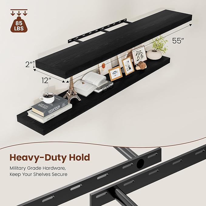 Black Floating Shelves for Wall 55 Inches Long, 12