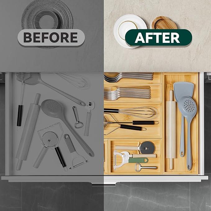 Bamboo Drawer Organizer for Kitchen & Bath, Extra Large Stackable Tray for Silverware, Toiletries & Utensils, 2 Pcs, 17