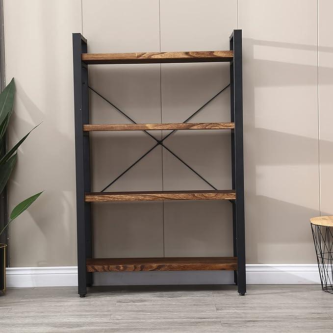 Solid Wood Bookshelf, 4-Tier Rustic Vintage Industrial Etagere Bookcase, Open Metal & Wood Vintage Book Shelf, Retro Brown