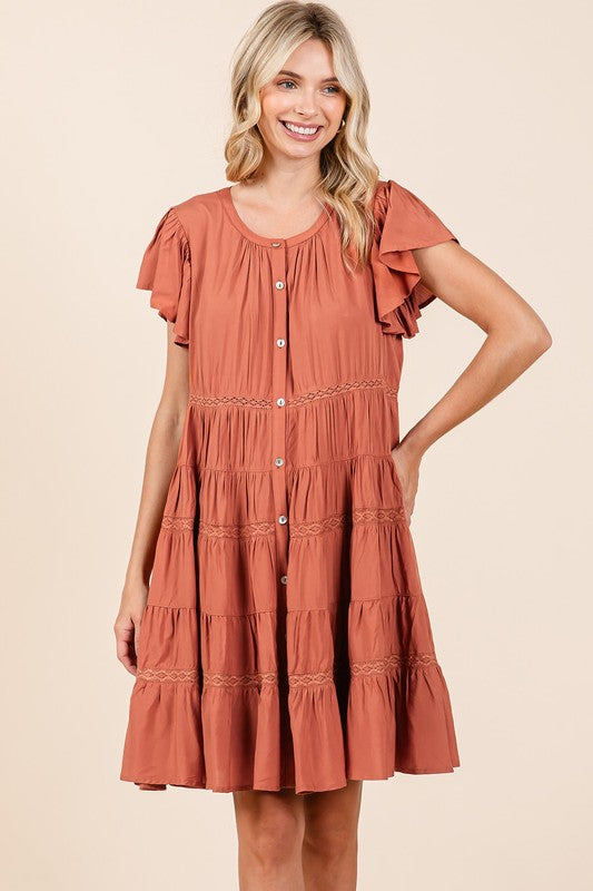 Lace Detail Ruffled Button Down Tiered Dress For Women – Romantic, Fluttering, Trendy, Elegant, Boho, Feminine & Whimsical Style