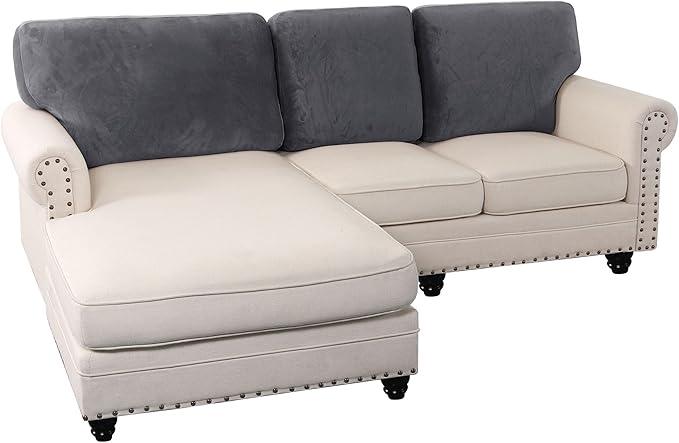 PrinceDeco Sectional Couch Covers Velvet Cushion Covers for Sectional Couch Cushion Covers for Sectional Sofa Separate Sectional Sofa Slipcovers Washable(1 Chaise Back+ 2 Sofa Back,Grey)
