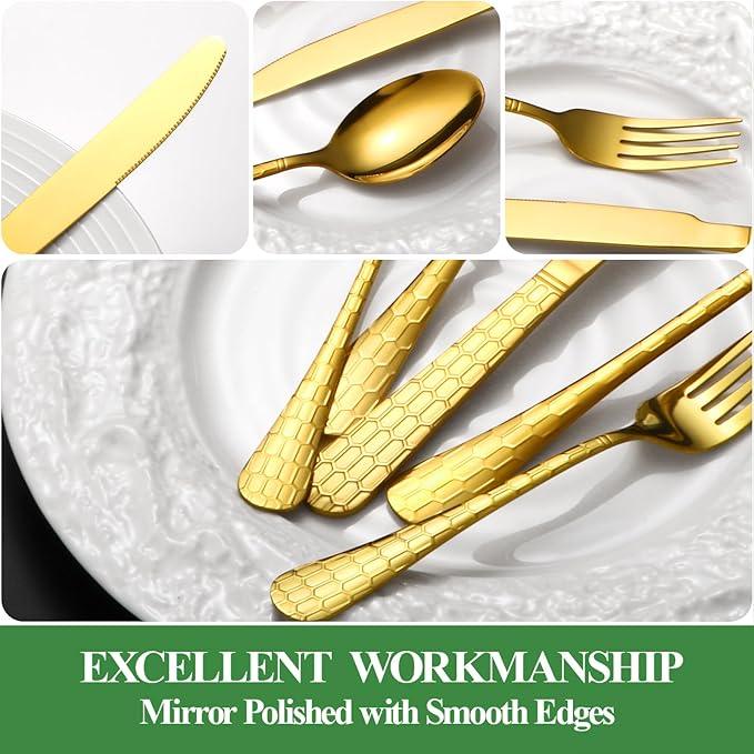 20 Pcs Gold Silverware Set for 4 with Water Cube Handle design, Food Grade Stainless Steel Flatware Set, Eating Utensils Sets Include Fork/Knife/Spoon, Reusable Cutlery Set, Dishwasher Safe