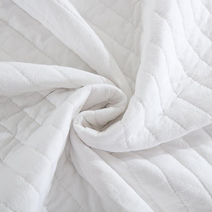 MarCielo 3-Piece 100% Cotton White Striped Quilt Set with Botanical Edge Embroidery TC(Sakura White,King(106