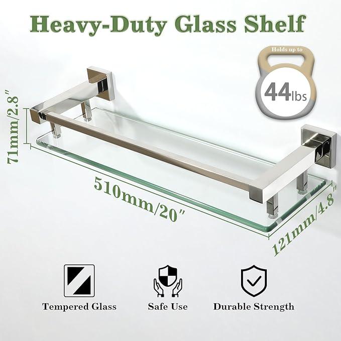 Alise Bathroom Shelves, Polished Chrome Glass Shelf for Bathroom, Modern Floating Shelves, 20 inch