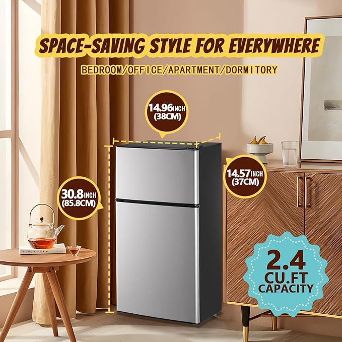2.4 Cu.ft Mini Fridge Small Refrigerator with Freezer Dual Door Dorm Fridge for Personal Senven Temp Gear Suit for Apartment, Bedroom, Rv Silver