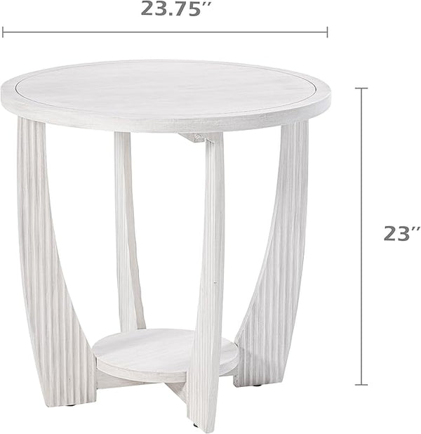 Rustic Farmhouse end Table X 2P with Storage Shelf, French Country Accent Side Table for Family, Dinning or Living Room, Small Spaces, Modern, Round, White