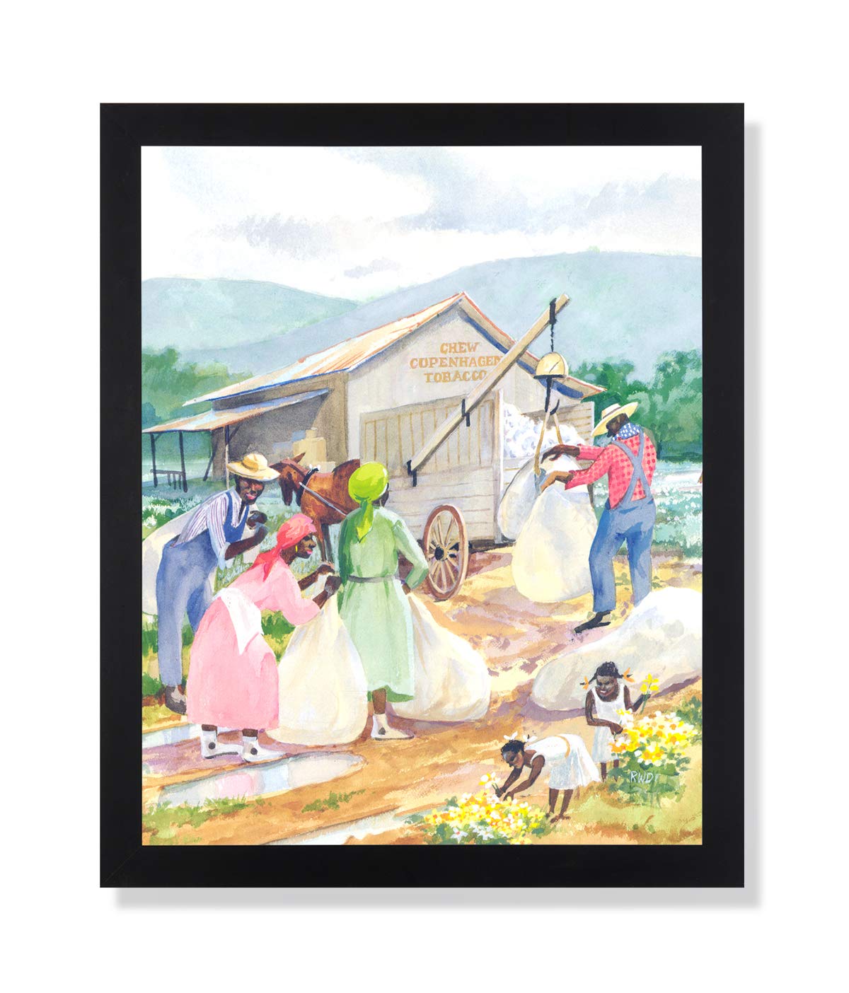 Framed Art Print - African American Cotton Picking Picture with Black Wood Frame