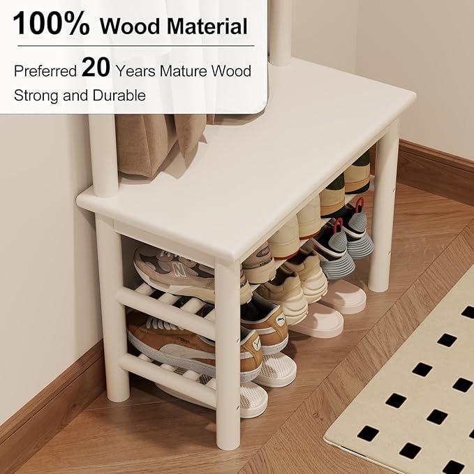 Coat Rack with Shoe Storage, Narrow Wooden Hall Tree with Bench, 11 Hooks and 2-Tier Storage Shelves, 3-in-1, Entryway Bench with Coat Rack (23.6