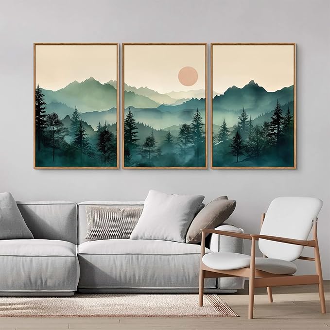 SIGNINART Large Mountain Framed Canvas Wall Art Set, Abstract Misty Forest Wall Decor, Foggy Nature Pine Tree Wall Painting, Modern Boho Sunrise Art Prints for Bedroom Living Room and Office 24