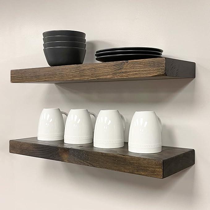 URBANDI, Rustic Floating Shelves, Set of 2, Hidden Bracket, Solid Wood, Heavy Duty, Wall Mounted Shelves, (Dark Brown, 24Wx8D)