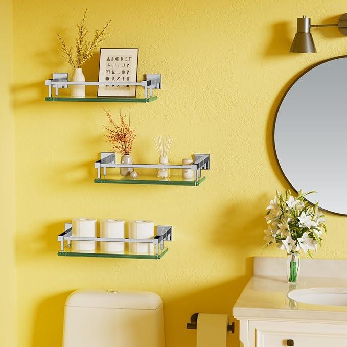 Alise Bathroom Glass Shelf with Stainless Steel Railing, Polished Chrome Small Tempered Glass Floating Wall Shelf Over The Toilet, 16 inch