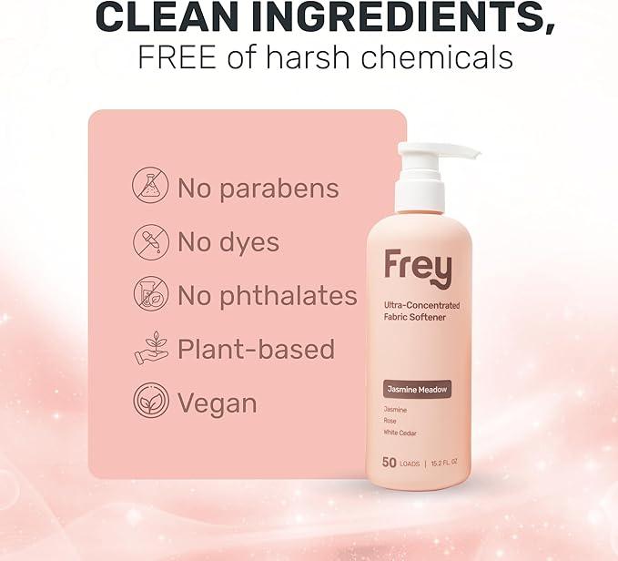 FREY Concentrated Liquid Laundry Detergent | Formulated for Sensitive Skin & HE Washers | Removes Stains Effectively | 50 Loads per Bottle (1-pack Jasmine Meadow)