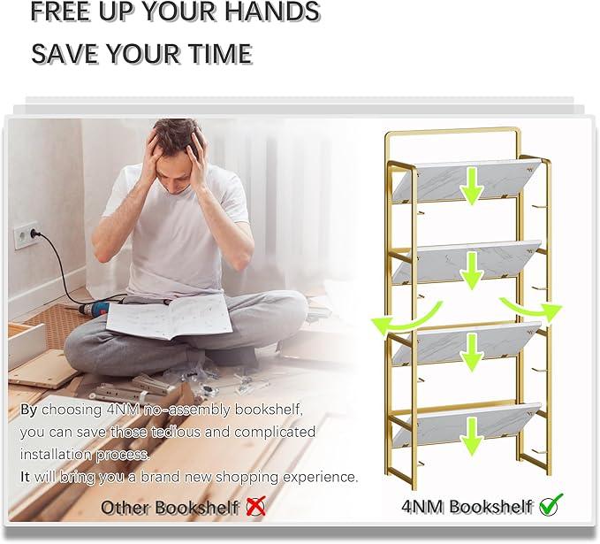 4NM No Assembly Foldable Bookshelf, 4-Shelf Collapsible Bookcase Storage for Small Spaces, 54