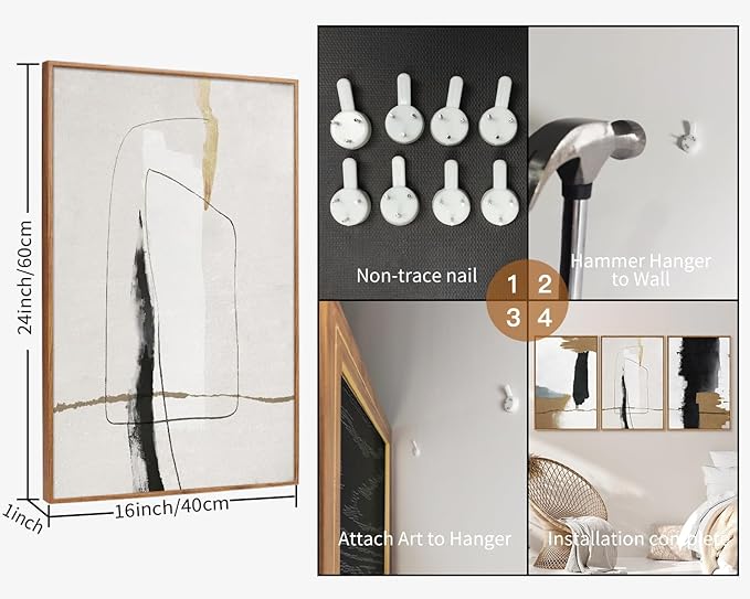 SIGNINART Black and White Abstract Framed Canvas Wall Art Set of 3, Beige Neutral Art Prints, Minimalist Modern Wall Decor for Living Room, Bedroom, Office,Above Couch 16