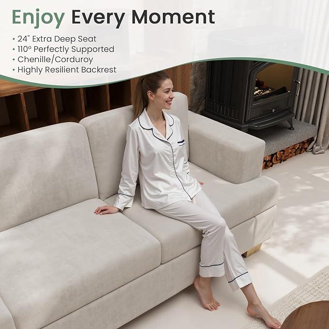 Sofa, 3 Piece Set Comfy Sofa, 2 Loveseat & 3 Seater Couch with Deep Seats for Living Room, Modern Sleeper Couch, Beige Chenille
