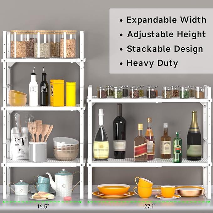 Expandable Cabinet Storage Shelf Stackable Organizer Rack for Kitchen Bathroom Pantry Spice Cupboard Coffee Countertop Home Office Desk Heavy Duty Nonslip White Small 2 Packs