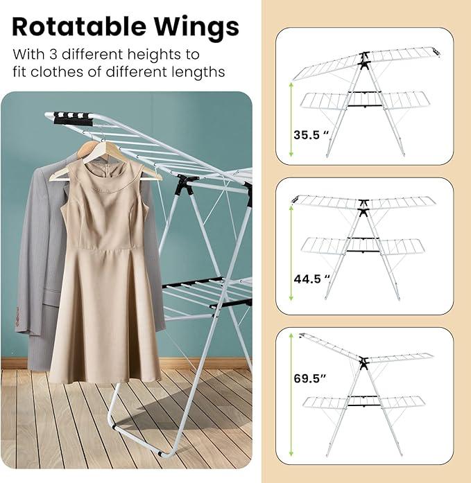 COSTWAY Clothes Drying Rack, Foldable 2-Level Laundry Drying Rack w/Height-Adjustable Wings, 33 Drying Rails & Sock Clips, Standing Large Drying Rack for Clothing, Indoor Outdoor Use