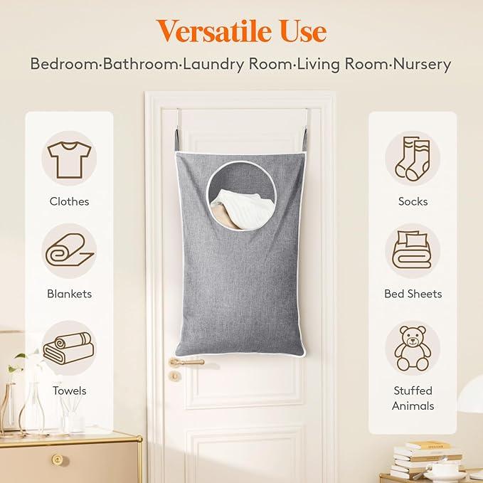 Lifewit Over Door Laundry Hamper, Large Collapsible Hanging Laundry Hamper, Hanging Laundry Basket Bag for Bathroom Bedroom Dirty Clothes Storage Organizer, Light Gray